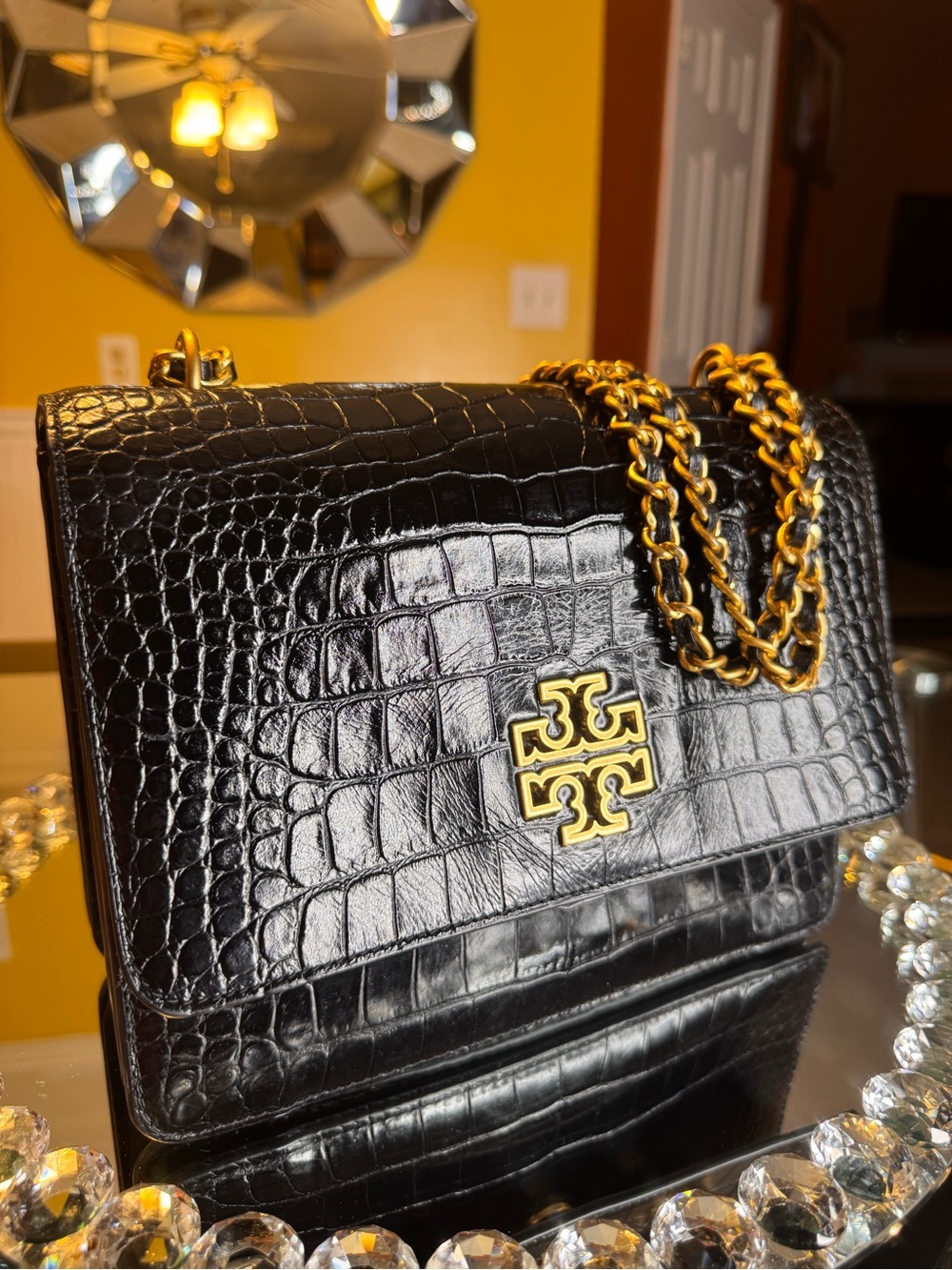 Tory Burch Britten Crocodile Adjustable Shoulder Bag in Black